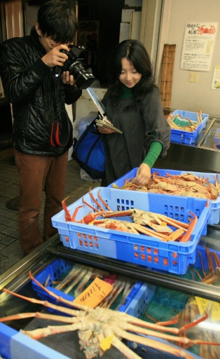越前がにを取材する編集スタッフ＝２７日、福井県坂井市三国町内の鮮魚店